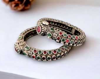 Antique finish Oxidized multicolor stone studded openable kada/Trendy oxidized silver kada bangle/Indian tribal jewelry/Navratri jewelry