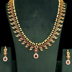 Long Haram necklace/Ruby & AD Mango necklace/South Indian jewelry/Guttapusallu/Long Indian necklace/Gold necklace/Traditional jewelry/Ethnic
