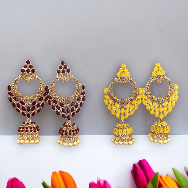 Chandbali jhumka earring/Yellow earring/Small Lightweight jhumka earring/Fusion jewelry/Gift for her/Indian earring/Pakistani Jewelry