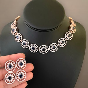 Sapphire blue cubic zirconium delicate necklace set with earring/Rose gold Crystal necklace/Indian diamond necklace/Gift for friend