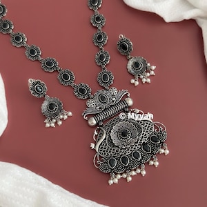Black oxidized jewelry set/Delicate lightweight oxidized necklace/Indian tribal jewelry/Kids necklace/Oxidized set/Boho/Pendant necklace