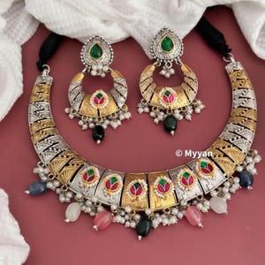 Dual tone oxidized necklace/Oxidized fusion kundan necklace/Two tone jewelry/Fusion hasli/Ethnic Garba jewelry/Latest navratri collection Ruby green