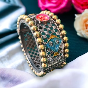 Traditional Rajasthani silver stud kada bangle/Oxidized meenakari kite design openable kada/Antique finish Handcrafted silver kada/Boho.