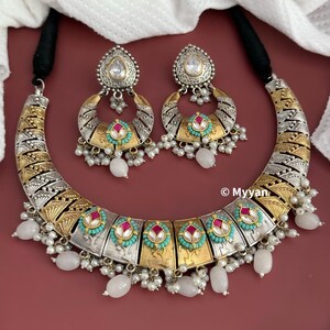 Dual tone oxidized necklace/Oxidized fusion kundan necklace/Two tone jewelry/Fusion hasli/Ethnic Garba jewelry/Latest navratri collection Ruby white