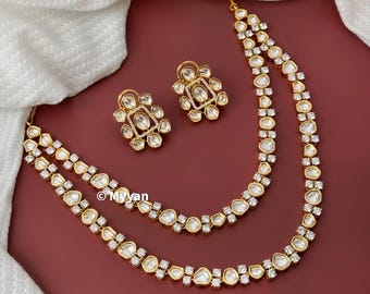 Kundan Necklace Set: Two-Layer Polki, Faux Diamond Indian Jewelry