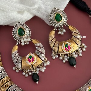 Dual tone oxidized necklace/Oxidized fusion kundan necklace/Two tone jewelry/Fusion hasli/Ethnic Garba jewelry/Latest navratri collection image 3