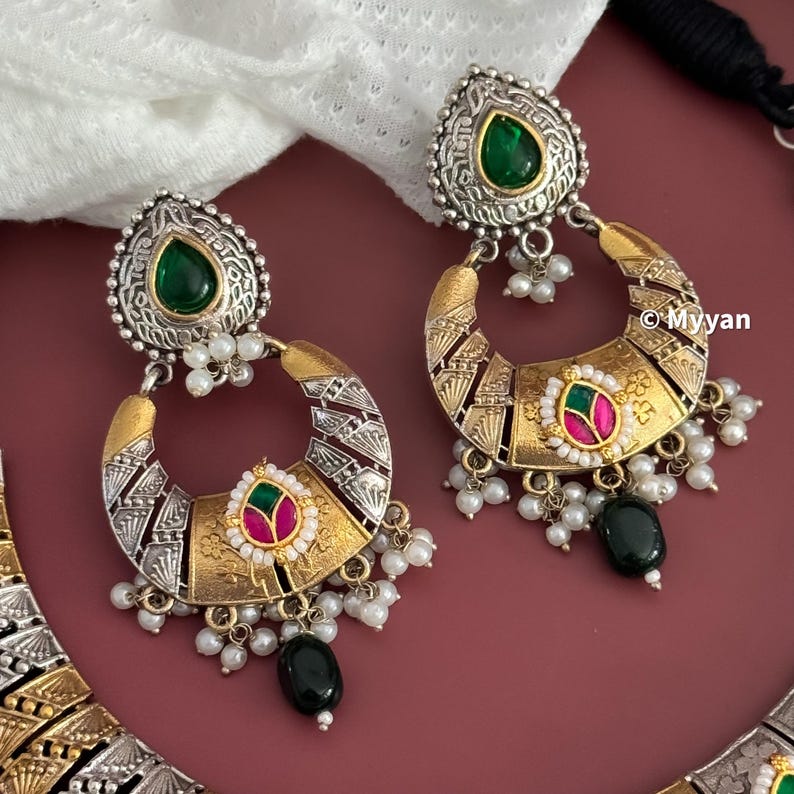 Dual tone oxidized necklace/Oxidized fusion kundan necklace/Two tone jewelry/Fusion hasli/Ethnic Garba jewelry/Latest navratri collection image 3