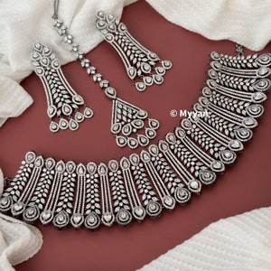 Premium black victorian finish cz diamond necklace with earring and mangtika/Designer faux diamond bridal jewelry set/CZ Diamond choker
