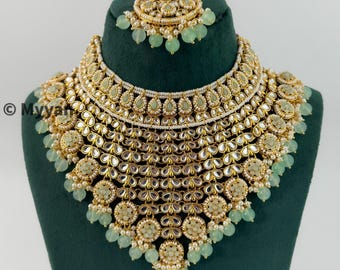 Aqua Kundan Bridal Necklace Set: Indian Pearl Wedding Jewelry