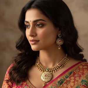 Indian gold necklace with meenakari details/Real gold look kundan necklace set/Ruby & green bridal jewelry set/Wedding jewelry/Saree set