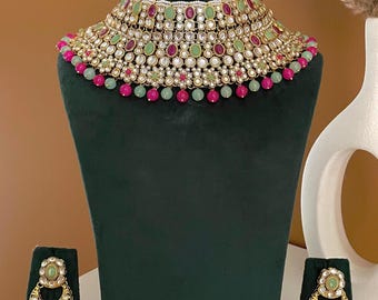 Bollywood style kundan necklace set/Hot pink & pista kundan necklace/Bridal necklace/Kundan jewelry/Indian wedding jewelry/Pakistani/Punjabi