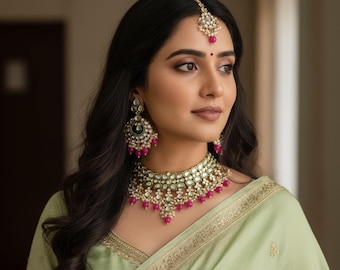 Kundan Meena Choker Necklace Set, Chandbali Earrings & Mangtika/Indian Pakistani wedding jewelry