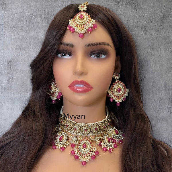 Hot pink heavy kundan necklace set/Kundan statement choker necklace with tika/Bollywood indian pakistani jewelry for wedding/Bridal jewelry