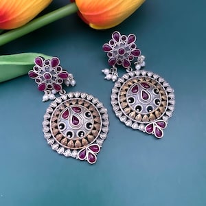 Trendy Indian oxidized dual tone drop earring/Indian fusion earring/German silver Dual tone stone earring/Indian boho jewelry/Tribal jewelry