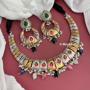 Dual tone oxidized necklace/Oxidized fusion kundan necklace/Two tone jewelry/Fusion hasli/Ethnic Garba jewelry/Latest navratri collection image 1