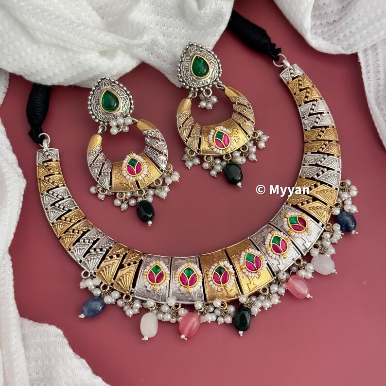 Dual tone oxidized necklace/Oxidized fusion kundan necklace/Two tone jewelry/Fusion hasli/Ethnic Garba jewelry/Latest navratri collection image 1