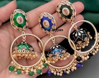 Punjabi polki jhumka earring/Indian Meenakari hoop jhumka/Indian bali earrings/Black, green, blue Baliya/Punjabi/Pakistani earrings