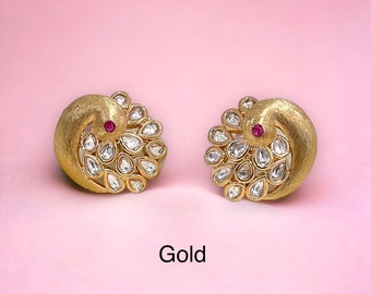 Golden Peacock Kundan Stud Earrings, delicate Indian Jewelry