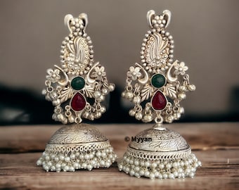 92.5 silver plated jhumka earring/Stone and Ghunghroo lightweight jhumka/long statement Pure brass earring/Traditional navratri jewelry