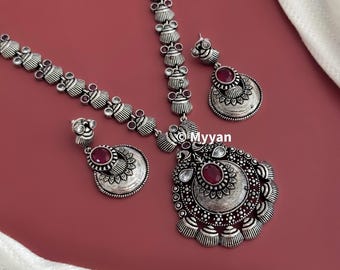Oxidize pendant necklace/Oxidized silver stone necklace/Indian silver jewelry/Lightweight statement necklace/Boho jewelry/Garba jewelry