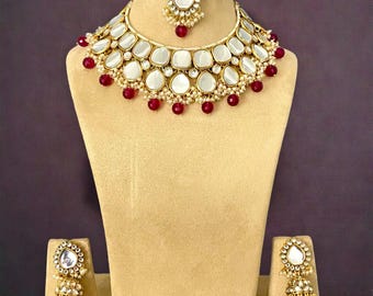 Delicate necklace set with mangtika-Mehroon red kundan bridal jewelry