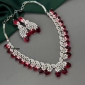 White silver plated American diamond necklace set/Premium quality ruby red,sapphire blue & sky blue delicate diamond jewelry set/Pakistani