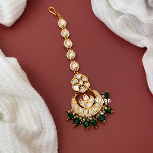 Jadau kundan Mangtika/High end  Emerald green & gold kundan tika/Bridal tika/Hair accessories/Fine kundan wedding jewelry/Indian jewelry