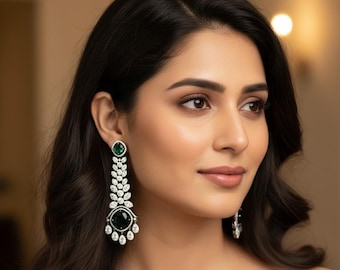 Cubic zirconium and doublet stone long statement earring/Elegant ruby green earring diamond earring