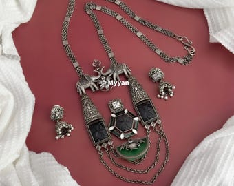 Indian oxidized necklace set/German silver long pendant necklace/Indian tribal jewelry/Trendy oxidized jewelry/Oxidized stone necklace/Boho