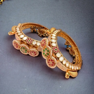 kundan kada bangle/Jhumka bangle/Antique gold openable kada/Gold replica Indian bangle bracelet/Wedding jewelry/Rajwadi kada/Pure brass kada