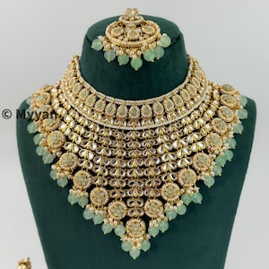 Heavy kundan bridal necklace set/Aqua kundan & pearl Kundan statement jewelry/Indian bridal jewelry/Pakistani jewelry/wedding jewelry