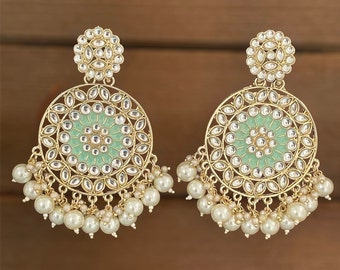 Kundan chandbali earring/ Big polki earring/ Pearl chandbali/Bollywood earring/ Indian earring/ Pista and gold chandbali/ Sabyasachi earring