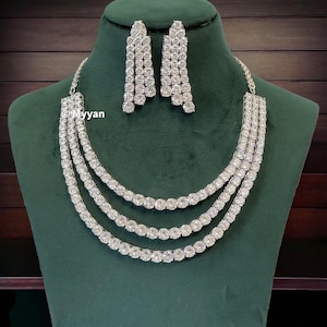Layered Solitaire diamond necklace set with statement earring/3 layer silver diamond necklace/Premium Indian diamond jewelry/Indowestern