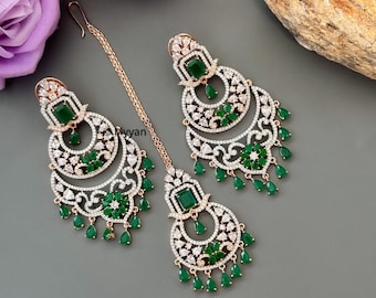 Emerald green Cubic zirconia mangtika & earring/Rose gold American diamond Chandelier earring/Bridesmaid jewelry/Indian Pakistani  jewelry