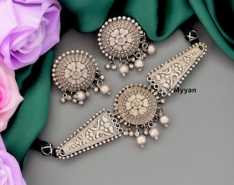 Oxidized tribal choker necklace set/Antique finish trendy Indian oxidized jewelry