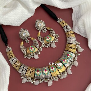 Dual tone oxidized necklace/Oxidized fusion kundan necklace/Two tone jewelry/Fusion hasli/Ethnic Garba jewelry/Latest navratri collection image 4