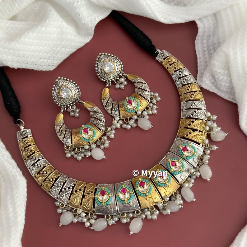 Dual tone oxidized necklace/Oxidized fusion kundan necklace/Two tone jewelry/Fusion hasli/Ethnic Garba jewelry/Latest navratri collection image 4