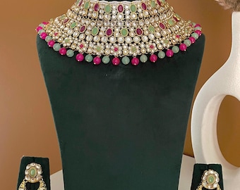 Conjunto de collar kundan estilo Bollywood/Collar kundan rosa fucsia y pistacho/Collar de novia/Joyas kundan/Joyas de boda indias/Pakistaní/Punjabi