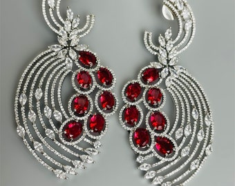 Zilveren Amerikaanse diamanten oorbel/robijnrode oorbel/blushroze zirkonia-oorbel/statementoorbel/Indiase sieraden/PROM-sieraden/cocktailoorbel.
