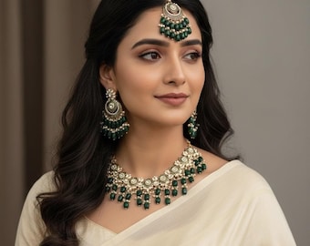 Kundan Meena Statement Necklace with earring and mangtika-Delicate Indian Wedding jewelry