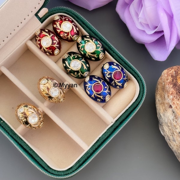 Designer kundan & meena statement stud earring/Blue, green,red and gold stud earring/Pakistani jewelry/Indian Bollywood jewelry/Gift for her