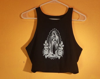 XL_New Screen Printed Virgin Mary  Black Cropped Tank Top