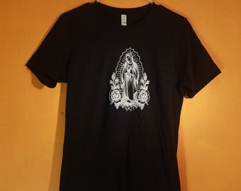 S_New Screen Printed Virgin Mary  Black Shirt