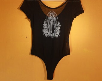 S_Reworked Screen Printed Virgin Mary  Black Mesh Thong Bodysuit