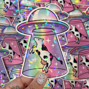 Cow Abduction - Cracked Holo Vinyl Sticker