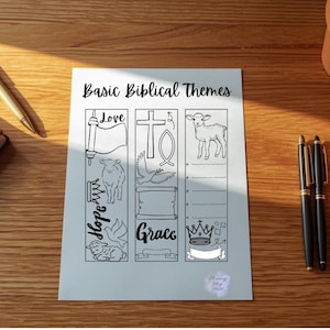 Puede incluir: Un papel blanco con el texto "Basic Biblical Themes" e ilustraciones religiosas. Sobre una superficie de madera, acompañado de un libro encuadernado en cuero marrón, un bolígrafo y una planta en maceta.