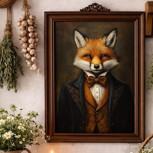 Retrato victoriano de zorro elegante: lámina de animal antropomórfico, lámina de arte de pared estilo academia oscura de 8x10 pulgadas.