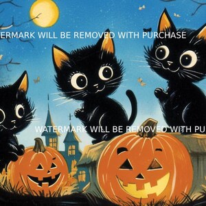 Cartão postal estilo vintage Kawaii Halloween Black Cats Full Moon [digital]