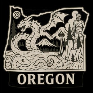 May include: A black and white graphic in the shape of Oregon, featuring a dragon, sea serpents, mountains, the Space Needle, and a mummy. The word "OREGON" is at the bottom.