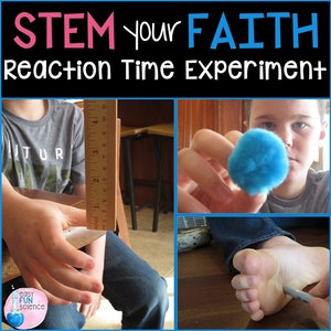 Könnte beinhalten: Ein STEM Your Faith Reaktionszeit-Experiment mit einem Lineal, einem blauen Pompon und einem Stift. Das Experiment soll die Reaktionszeit testen.
